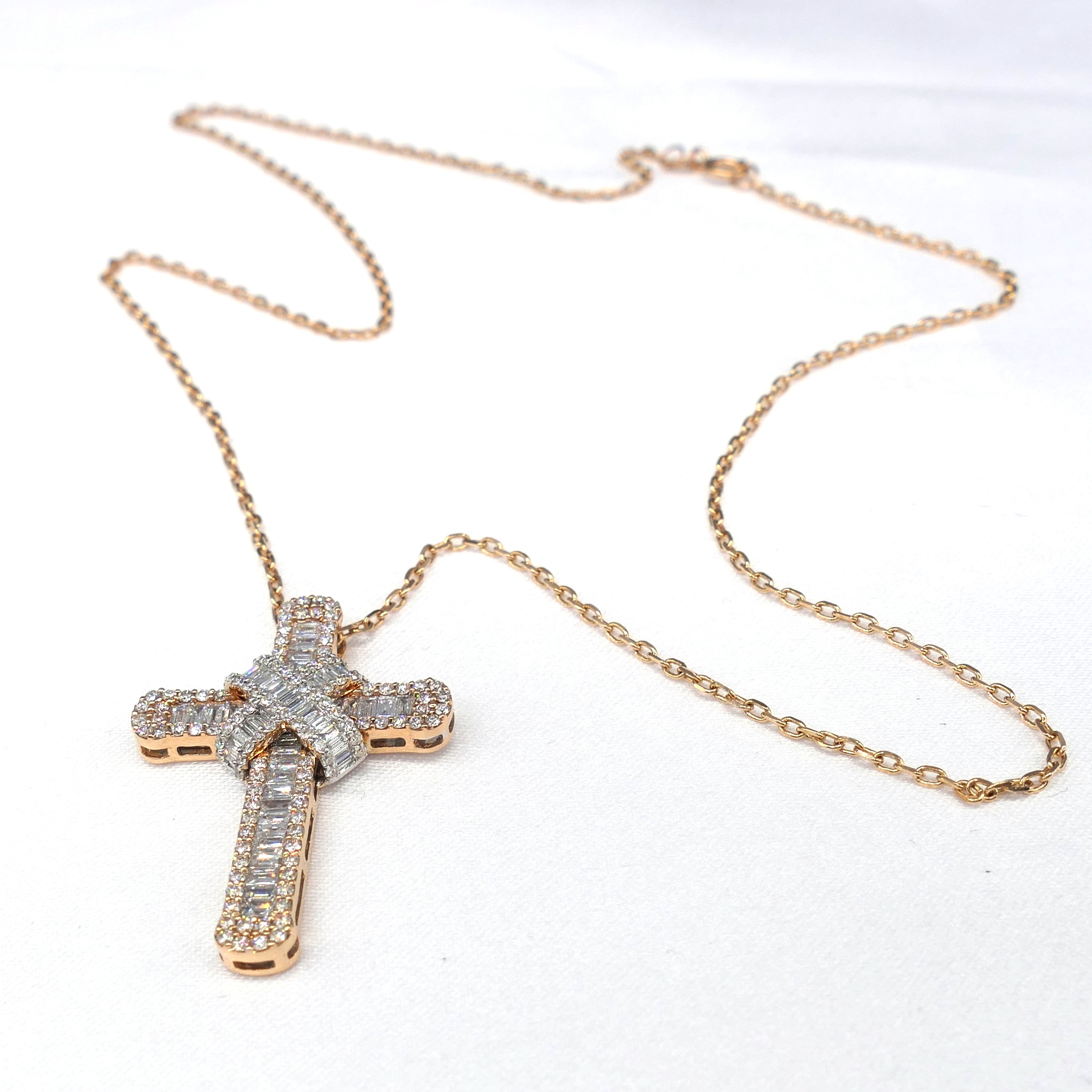 18ct Rose Gold Cross Set With Diamonds Totalling 1.51 Carats- With Chain & Box