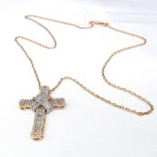 18ct Rose Gold Cross Set With Diamonds Totalling 1.51 Carats- With Chain & Box