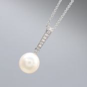 A Cultured Pearl Pendant With Tapered Diamond Bale, Supplied With Chain & Box