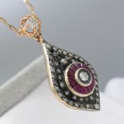 Diamond & Ruby Tear Drop Pendant & Integral Chain