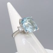 Platinum Dress Ring Set With A Large Aquamarine & Flanking Diamonds