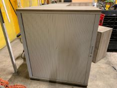 Group Of Grey Wooden Tambour Units With Grey Doors & Grey Wooden Cabinet