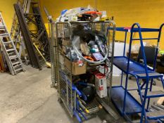 Trolley Of Assorted Hand Tools & Equipment Includes Saws, Compressor, Spirit Levels, Cables