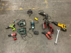Trolley Of Assorted Power Tools Including Drills, Grinder, Saws, Wrench, Tongs