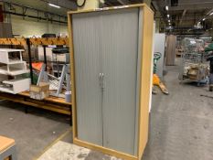 Light Tan Wooden Tambour Unit With Grey Doors