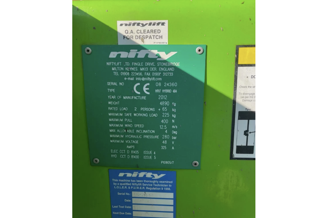 2012, Niftylift HR17 Hybrid 4x4 Access Platform Cherry Picker Nifty (hr28 - hr21) - Image 9 of 12