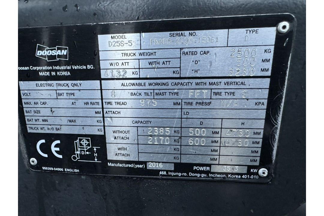 2016 Doosan D25S-5 2.5 Tonne Diesel Forklift, Container Spec, 10971 Hours, 4.5m Triple Mast - Image 6 of 7