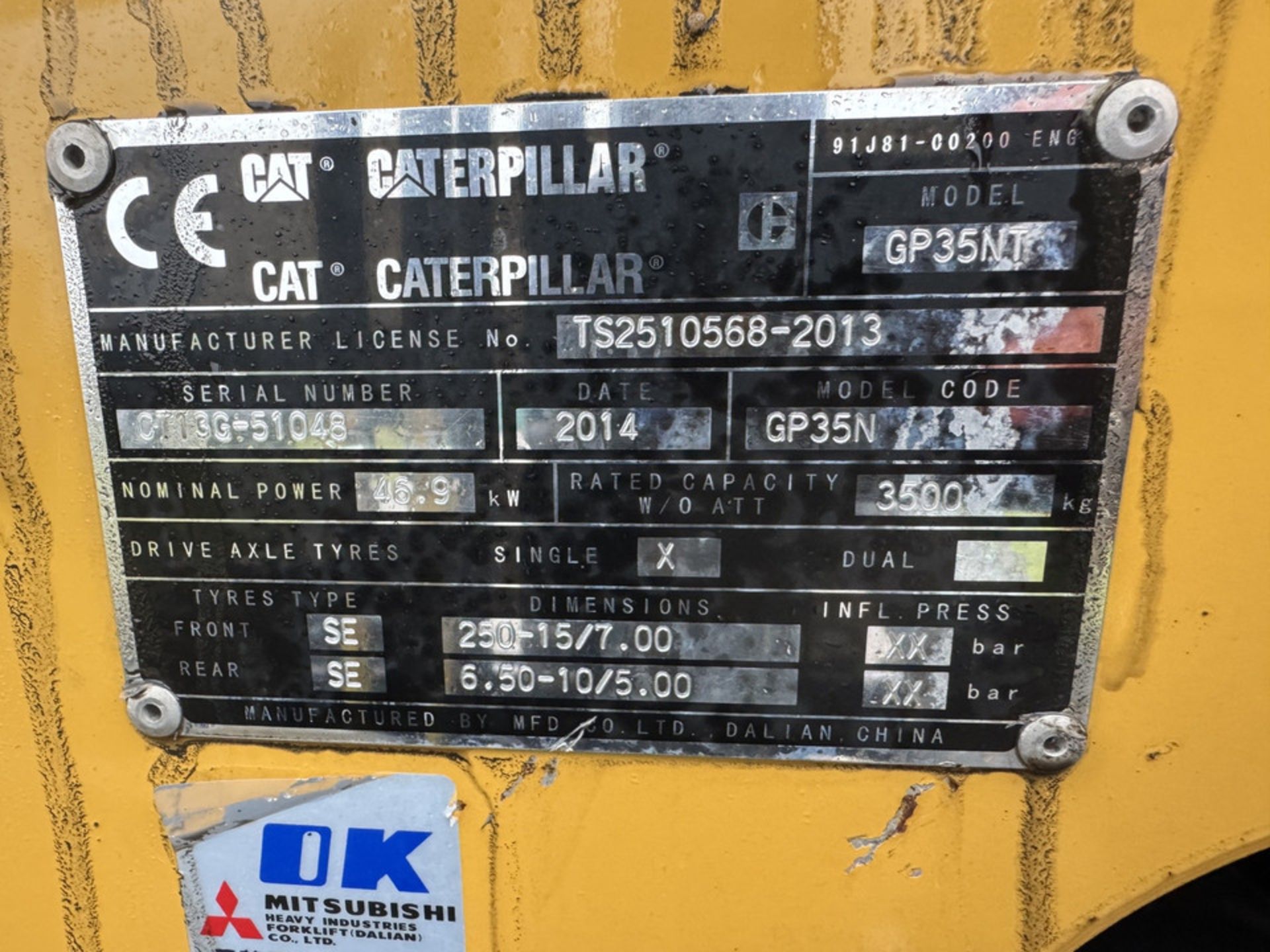2014 Caterpillar GP35N 3.5 Tonne Gas Forklift, 8943 Hours - Image 3 of 4