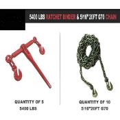 Box Of 5no. 5400lbs Rachet Binders & 10no. 5/16 Inch 20 Foot G70 Chains, New, *No Reserve*