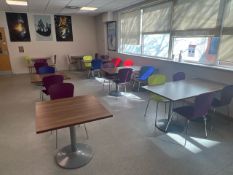 Set Of 10 Dark Brown Canteen Tables With Assorted Coloured Wooden Chairs