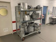 Trolley Of Large Kitchen Pans & Colanders -No Reserve