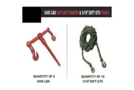 Box Of 5no. 5400lbs Ratchet Binders & 10no. 5/16 Inch 20 Foot G70 Chains, New