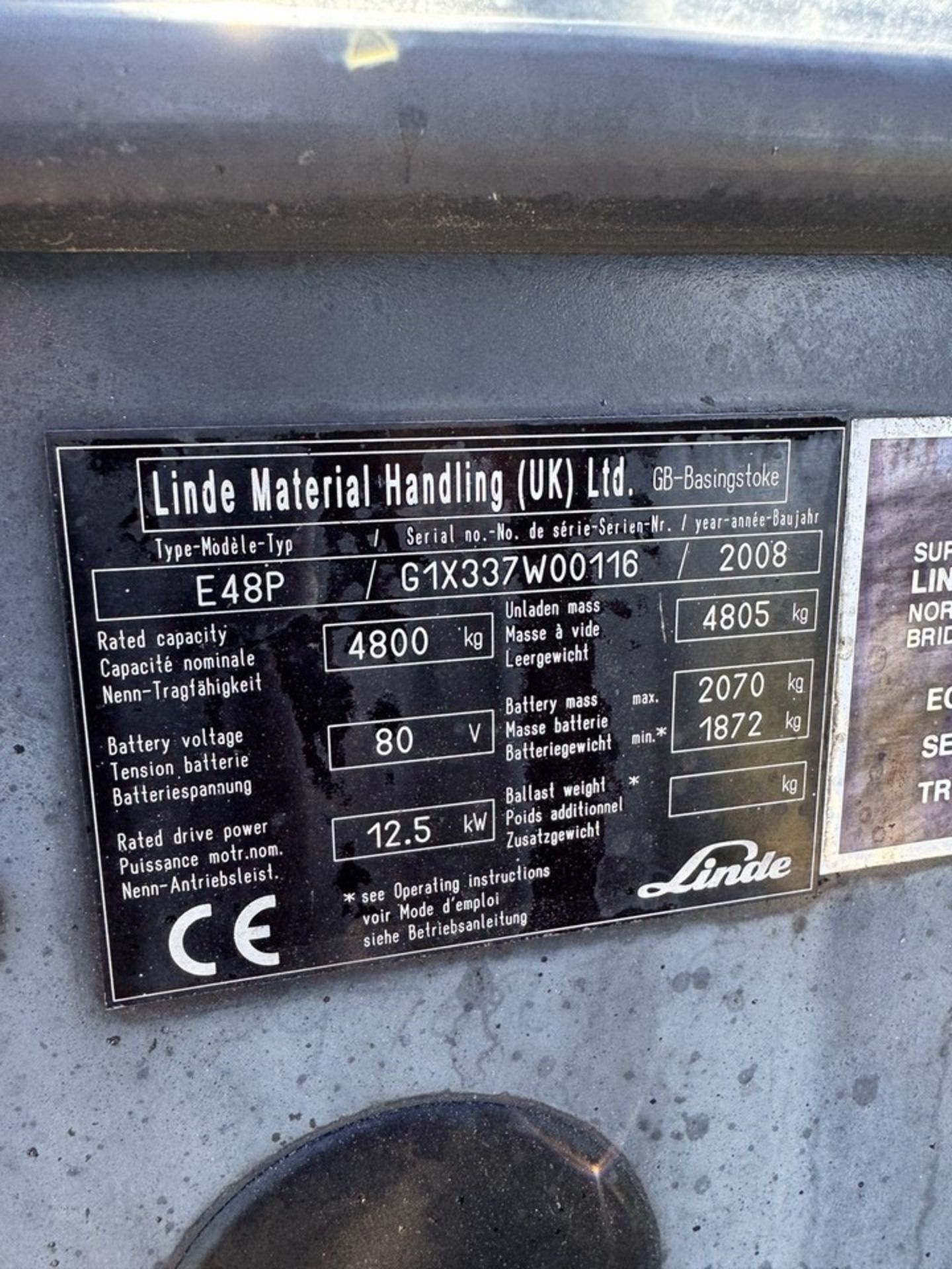 2008 Linde E48 4.8 Tonne Electric Forklift Truck, 10467 Hours, Complete With Charger - Image 18 of 26
