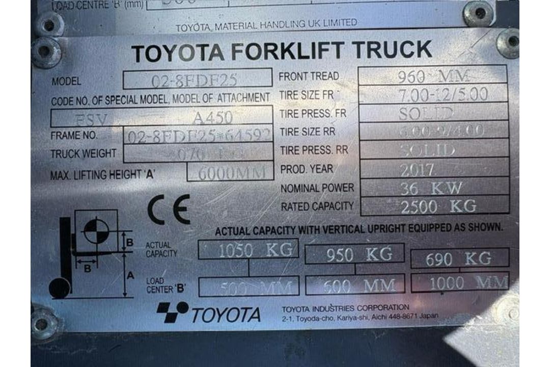2017 Toyota 2.5 Tonne Diesel Forklift, 6124 Hours, 6m Triple Mast, Side Shift, Spare 4th Service - Image 7 of 8