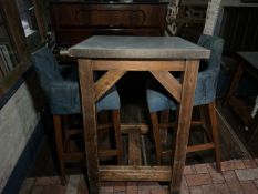 High Wooden Table With Steel Top Two Stools, No Reserve