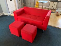 Red Felt Two Seater Sofa With 2 x Foot Stools.- NO RESERVE
