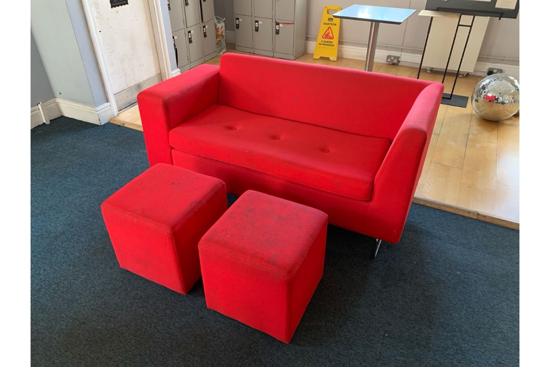 Red Felt Two Seater Sofa With 2 x Foot Stools.- NO RESERVE - Image 1 of 9