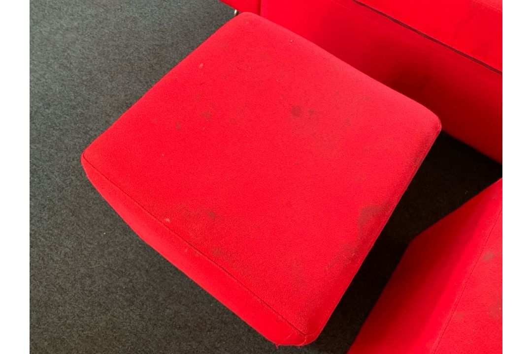 Red Felt Two Seater Sofa With 2 x Foot Stools.- NO RESERVE - Image 3 of 9