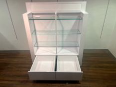 White Glossy Display Unit with Glass Shelves & Drawers - NO RESERVE
