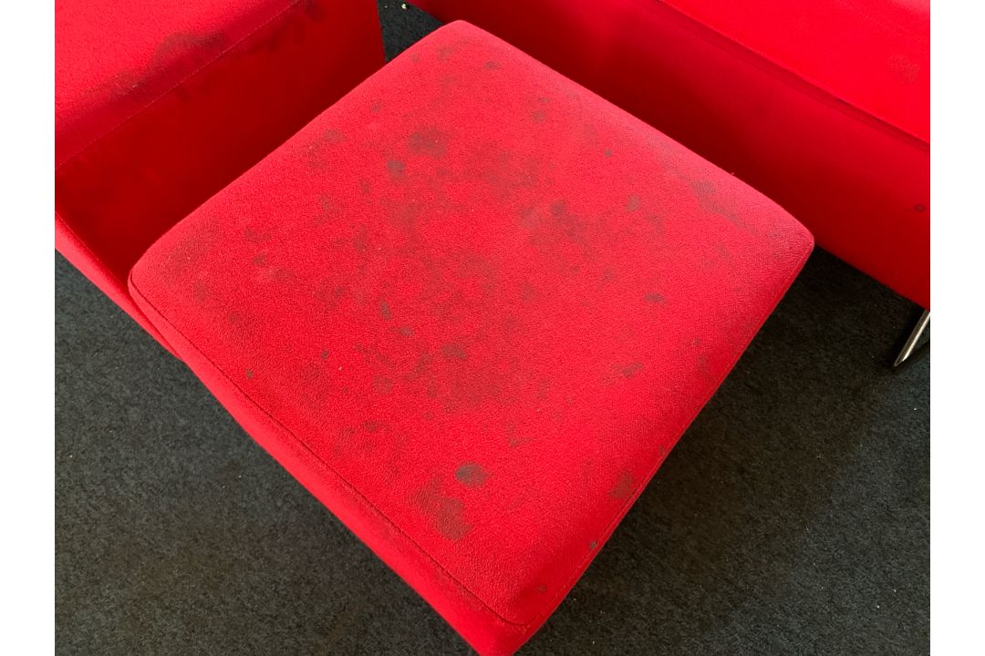 Red Felt Two Seater Sofa With 2 x Foot Stools.- NO RESERVE - Image 2 of 9