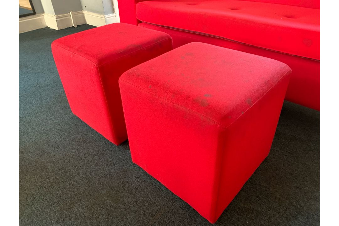 Red Felt Two Seater Sofa With 2 x Foot Stools.- NO RESERVE - Image 9 of 9