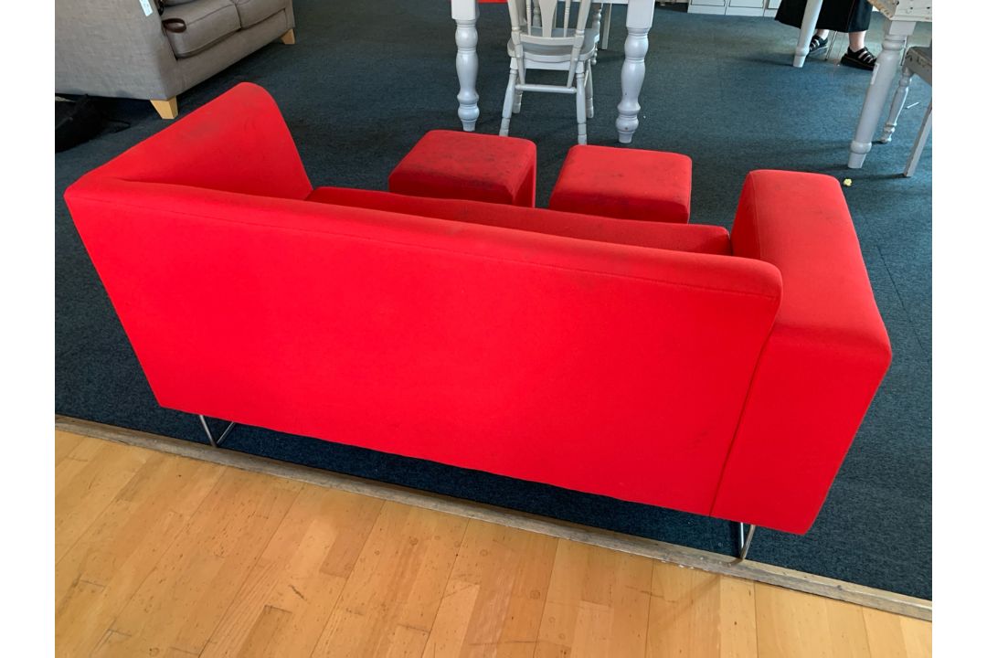 Red Felt Two Seater Sofa With 2 x Foot Stools.- NO RESERVE - Image 5 of 9