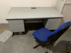 Straight Grey Wooden Desk With Blue Felt Office Chair- No Reserve