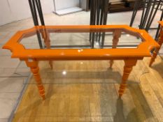 Orange Wood Frame Table With Glass Top And Shelf