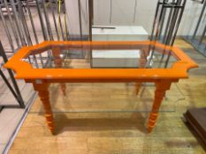 Orange Wood Frame Table With Glass Top And Shelf