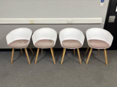 4 White Plastic Bucket Seats With Wooden Legs