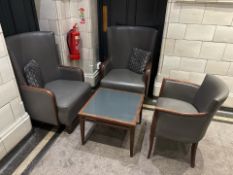 3x Grey Faux Leather Armchairs With Square Glass Top Table - No Reserve