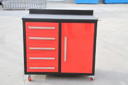 Unused 3.5ft Steel Workbench, 5 Drawers & 1 Cabinet (Red)