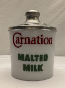 Carnation Malted Milk Glass Soda Fountain Canister w/ Lid