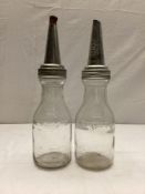 Two 1920's Filling Station Quart Oil Bottles w/ Spouts
