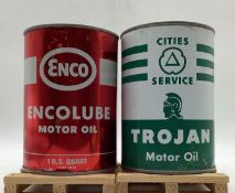 Cities Service Trojan and Encolube Motor Oil Quart Cans