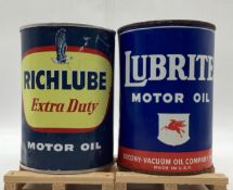 Richlube Extra Duty and Mobil Lubrite Quart Oil Cans
