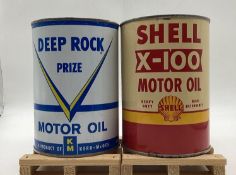 Shell X-100 and Deep Rock Prize Quart Oil Cans