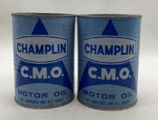 Two Champlin C.M.O. Quart Cans Made w/ reclaimed Skelly Supreme Cans