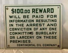 Continental Oil Company $100 Reward Porcelain Sign