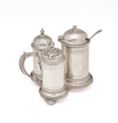 A VICTORIAN SILVER THREE-PIECE CRUET SET ON STAND, MARTIN, HALL & CO., SHEFFIELD, 1866