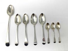 A GEORGE III SILVER GRAVY SPOON AND FOUR TABLESPOONS, VARIOUS MAKERS, LONDON, 1791-1803