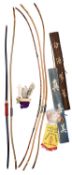 FIVE JAPANESE BOWS, THREE SHOOTING GLOVES (YUGAKE), TWO BOW BAGS