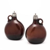 A PAIR OF VICTORIAN SILVER-MOUNTED AMBER GLASS DECANTERS, HENRY WILLIAM CURRY, LONDON, 1872