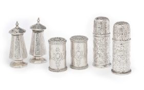 THREE PAIRS OF VICTORIAN SILVER PEPPERETTES OR CASTERS