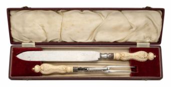 A CASED IVORY MOUNTED CARVING SET, BROOKES & CROOKES, SHEFFIELD, CIRCA 1870