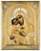A RUSSIAN ICON OF THE VLADIMIR MOTHER OF GOD WITH PARCEL-GILT-SILVER OKLAD, MAKER'S MARK GS, MOSCOW,