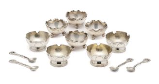 TWO SETS OF FOUR VICTORIAN SILVER SALT CELLARS, BOTH LONDON