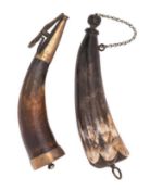 A BRASS-MOUNTED POWDER HORN, EARLY 19TH CENTURY AND ANOTHER POWDER HORN