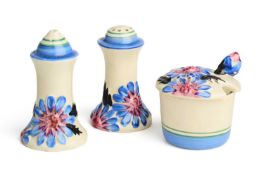 A CLARICE CLIFF 'BIZARRE' THREE-PIECE CONDIMENT SET, 1930s