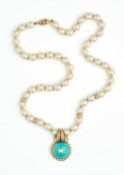 CULTURED PEARL, TURQUOISE, RUBY AND DIAMOND NECKLACE